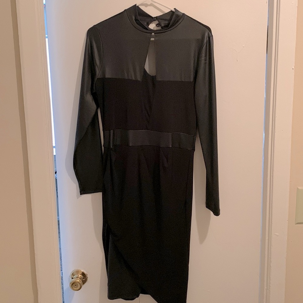 Black dress, leather & sheer with side slit